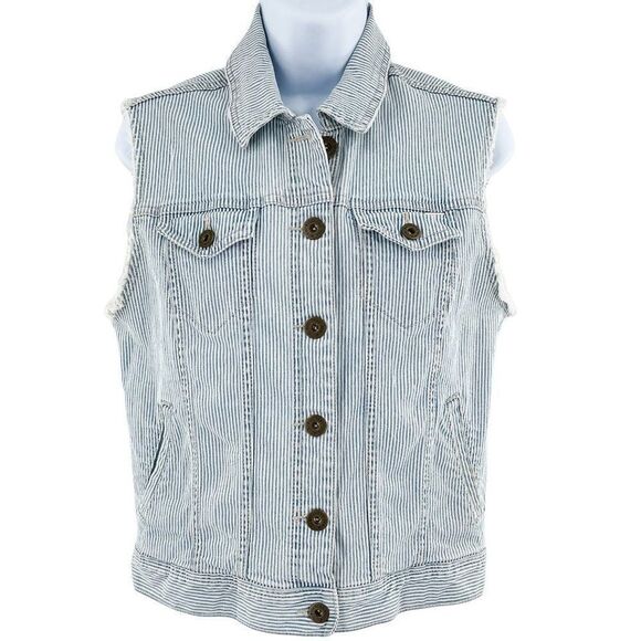Bullhead Denim Distressed Pinstripe Striped Jean Vest Medium - Picture 1 of 6
